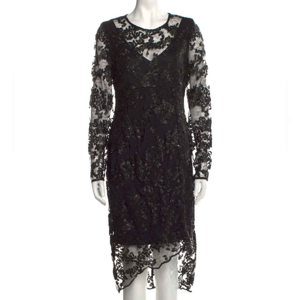Black Lace Sequin Midi Cocktail Dress Donna Karan 14 L NWT Whimsigoth Romantic